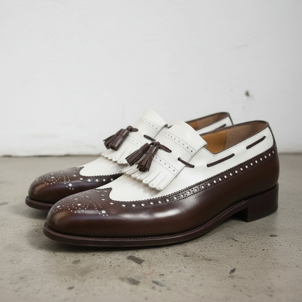 Handmade Mens Two Tone Formal Shoes, Men Tassels Shoes Moccasins, Mens Shoe - detail-view-showing-texture - angle-view-showing-depth