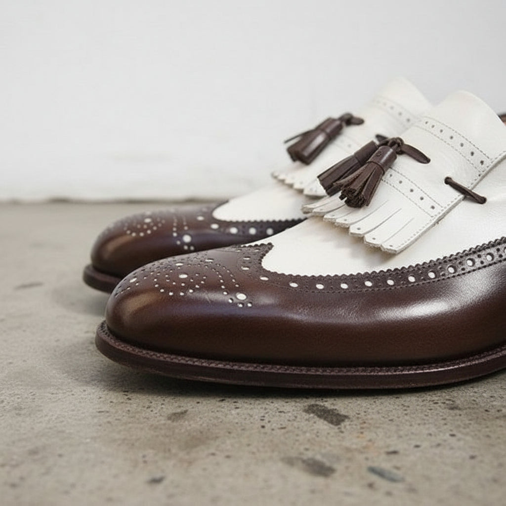 Handmade Mens Two Tone Formal Shoes, Men Tassels Shoes Moccasins, Mens Shoe - detail-view-showing-texture