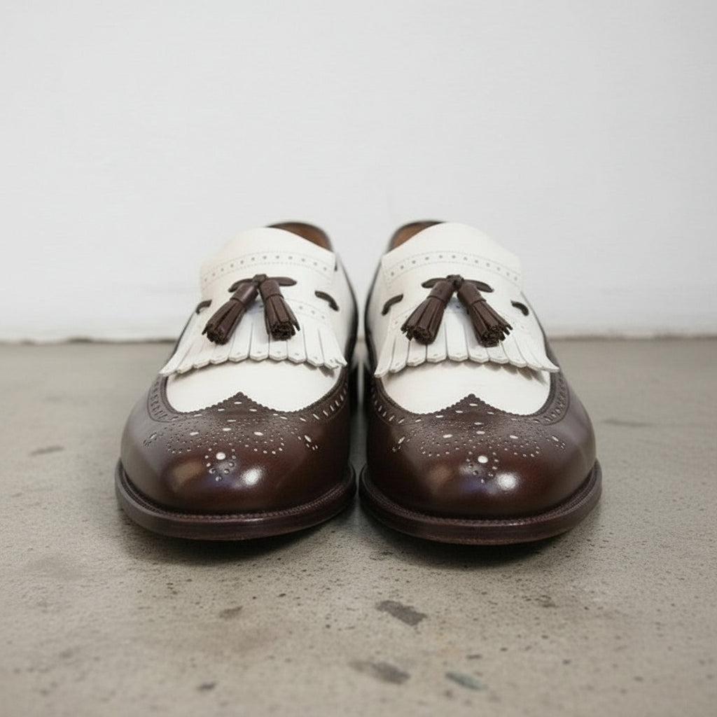 Handmade Mens Two Tone Formal Shoes, Men Tassels Shoes Moccasins, Mens Shoe - detail-view-showing-texture - front-view