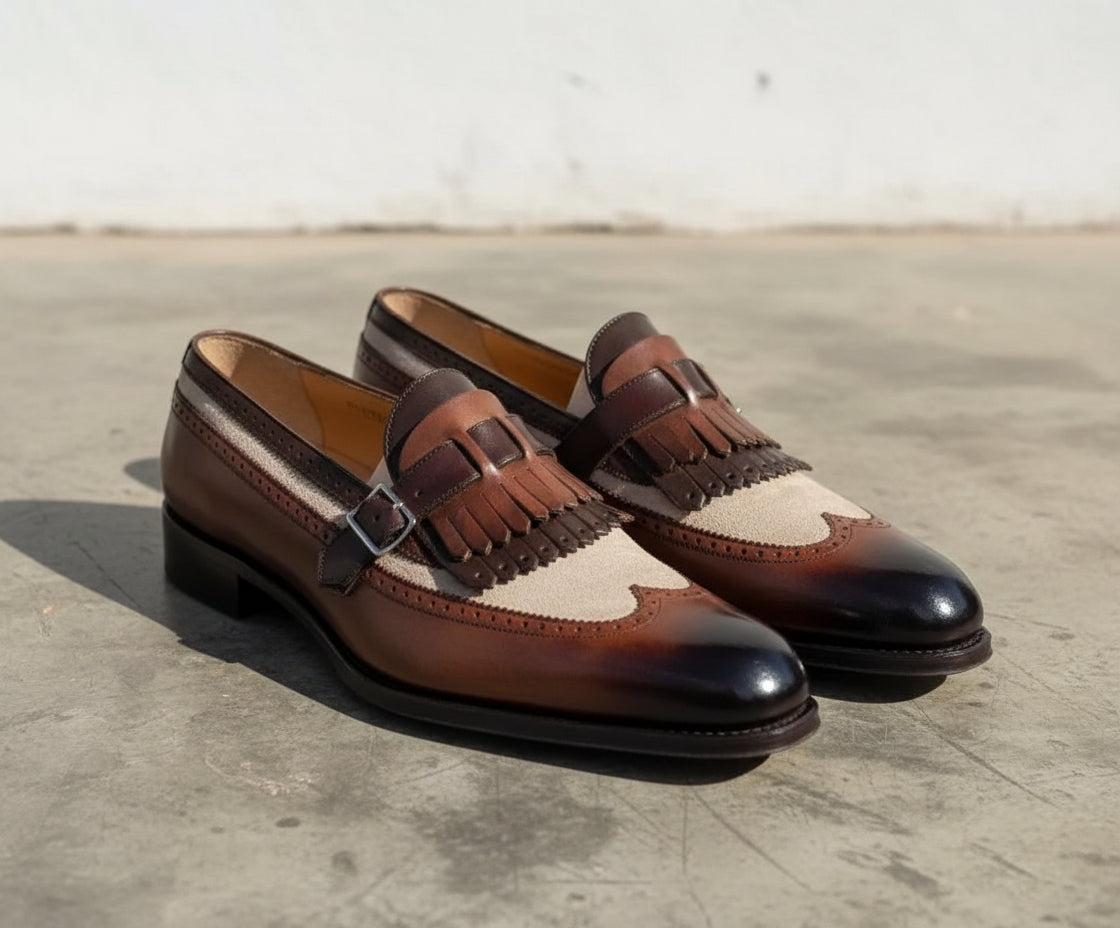 Handmade mens two tone fringe shoes, Mne real calf leather dress shoes - angle-view-showing-depth