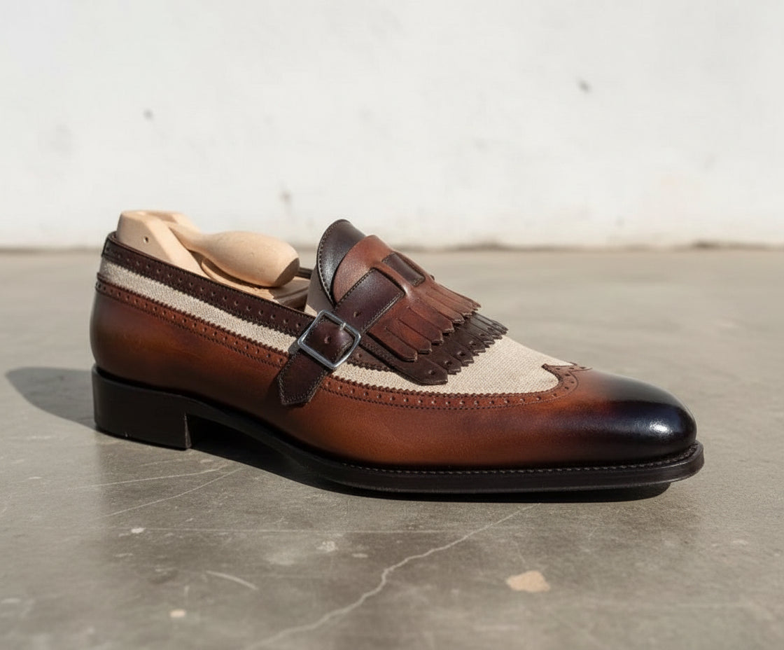 Handmade mens two tone fringe shoes, Mne real calf leather dress shoes - detail-view-showing-texture