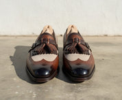 Handmade mens two tone fringe shoes, Mne real calf leather dress shoes - front-view