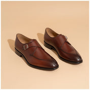 Handmade Mens wear brown monk shoes , Men fashion dress shoes buckle shoes - angle-view-showing-depth