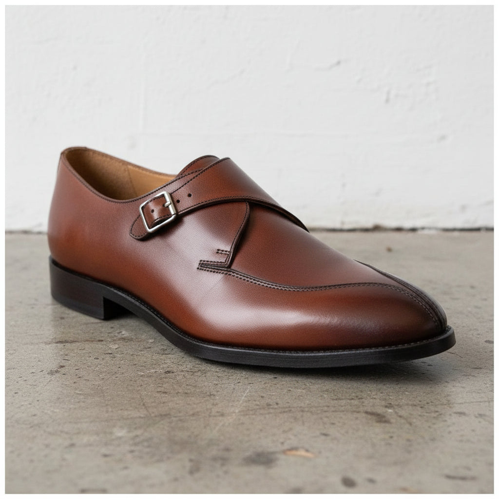 Handmade Mens wear brown monk shoes , Men fashion dress shoes buckle shoes - detail-view-showing-texture