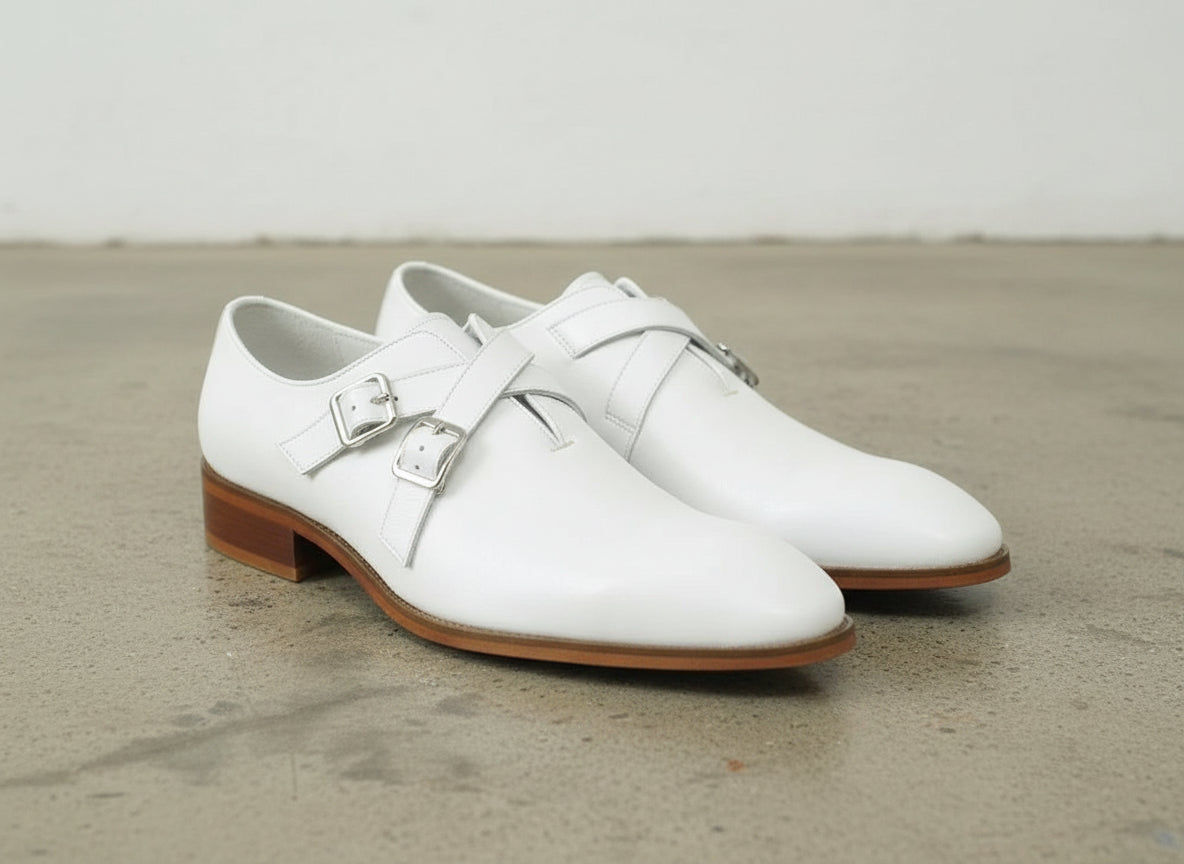 Handmade Mens white buckle shoes, Men Oxford dress shoes, Shoes for men - angle-view-showing-depth