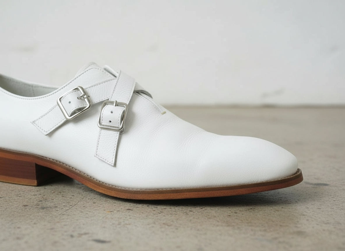Handmade Mens white buckle shoes, Men Oxford dress shoes, Shoes for men - detail-view-showing-texture