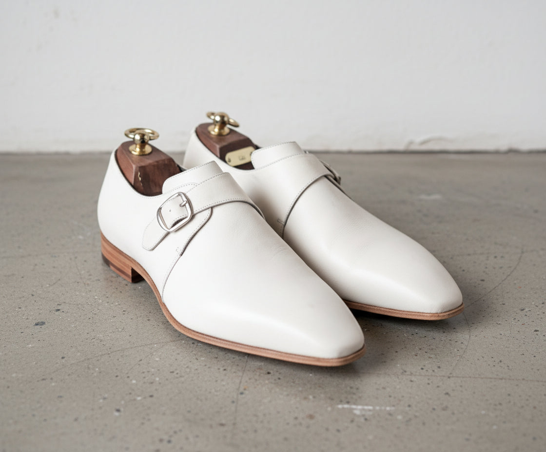 Handmade Mens white buckle shoes, Men white monk dress shoes, Shoes for men - angle-view-showing-depth