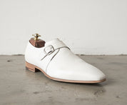Handmade Mens white buckle shoes, Men white monk dress shoes, Shoes for men - detail-view-showing-texture