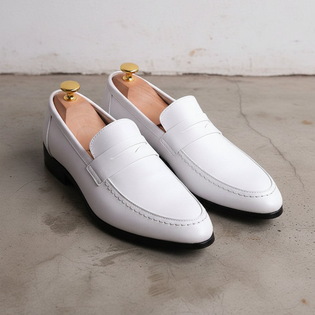 Handmade Mens White leather moccasins, Men white leather party shoes - angle-view-showing-depth