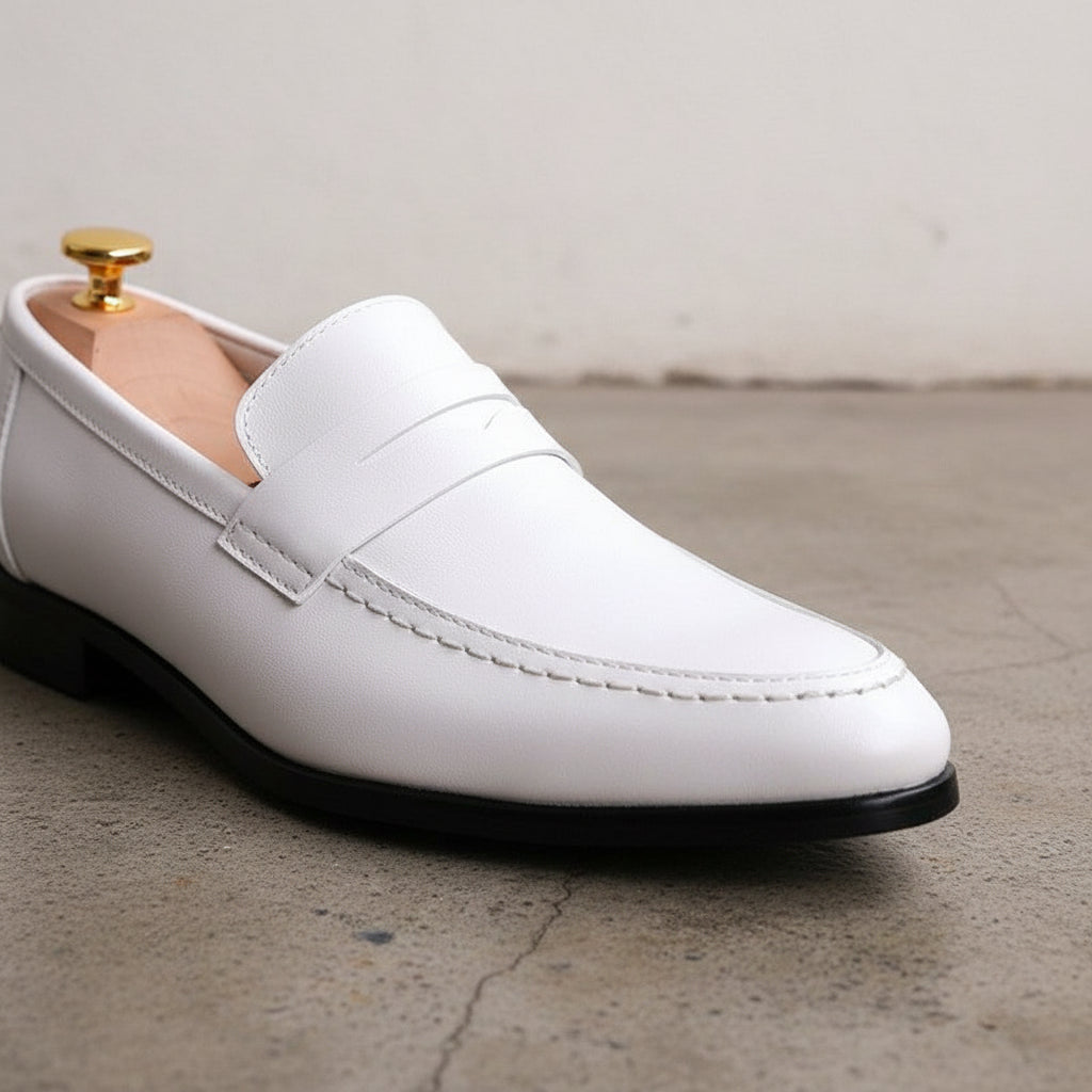 Handmade Mens White leather moccasins, Men white leather party shoes - detail-view-showing-texture