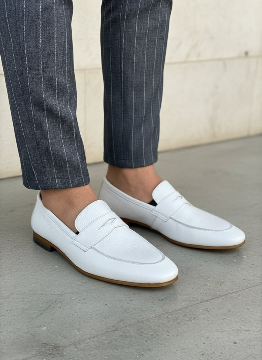 Handmade Mens white Leather Moccasins Shoes, Leather penny Loafer - 3-4-right-view