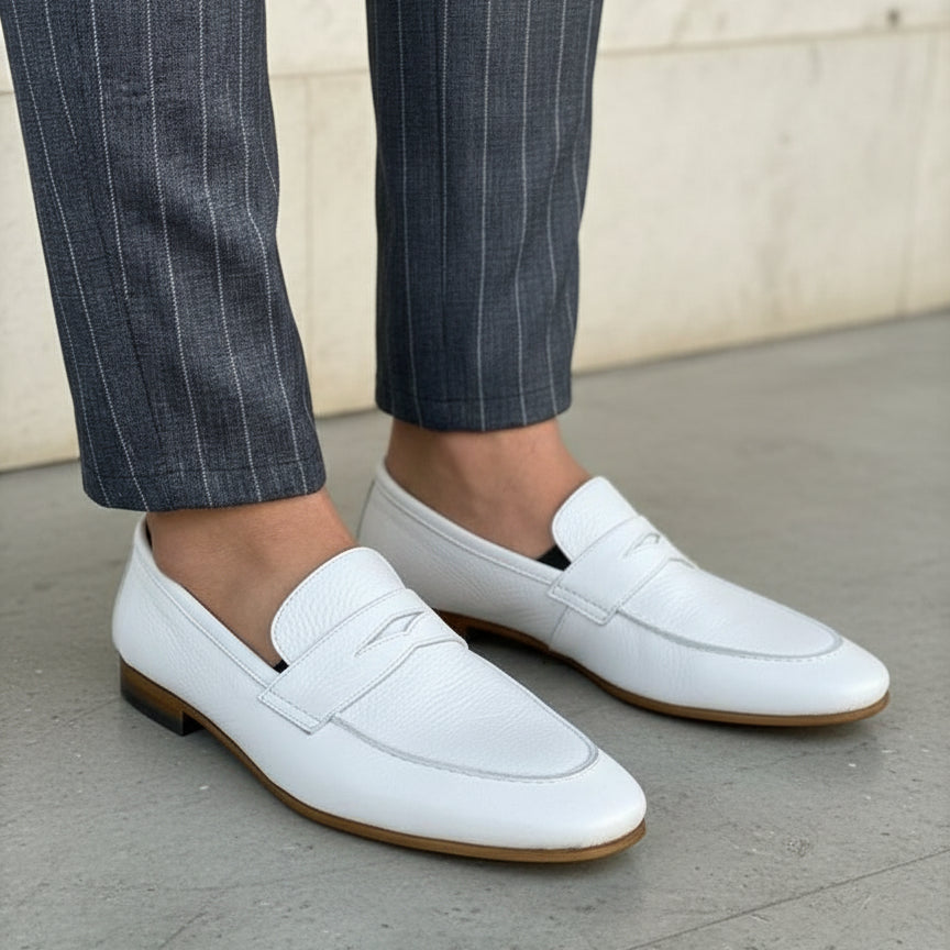 Handmade Mens white Leather Moccasins Shoes, Leather penny Loafer - 3-4-right-view