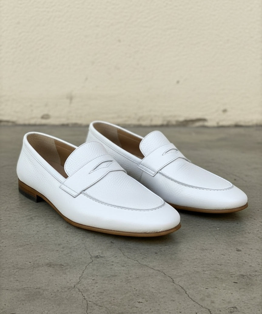 Handmade Mens white Leather Moccasins Shoes, Leather penny Loafer - angle-view-showing-depth