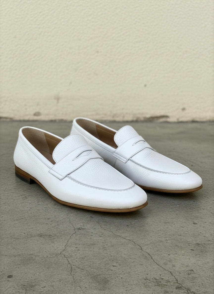 Handmade Mens white Leather Moccasins Shoes, Leather penny Loafer - angle-view-showing-depth