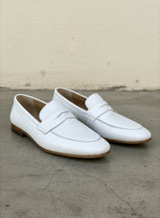 Handmade Mens white Leather Moccasins Shoes, Leather penny Loafer - angle-view-showing-depth