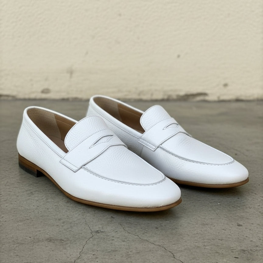 Handmade Mens white Leather Moccasins Shoes, Leather penny Loafer - angle-view-showing-depth