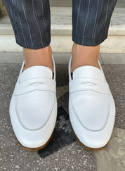 Handmade Mens white Leather Moccasins Shoes, Leather penny Loafer - front-view
