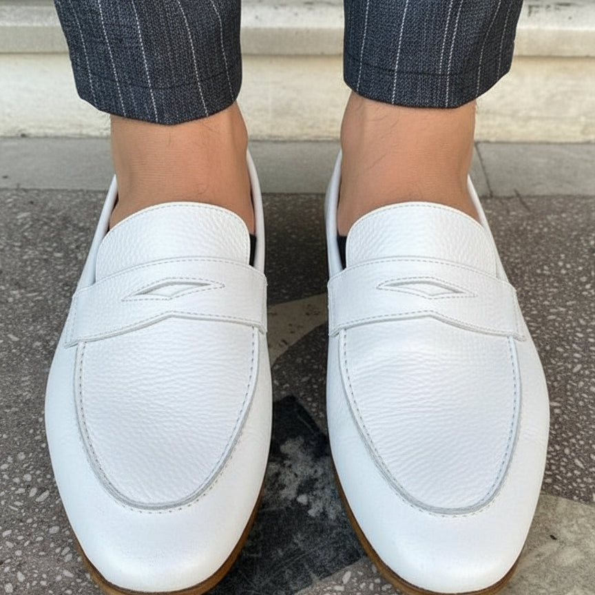 Handmade Mens white Leather Moccasins Shoes, Leather penny Loafer - front-view