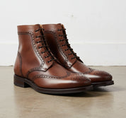 Handmade Mens Wing tip brogue Lace up Dress boot, Men brown high ankle boot - angle-view-showing-depth