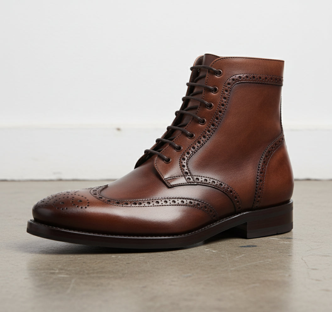 Handmade Mens Wing tip brogue Lace up Dress boot, Men brown high ankle boot - detail-view-showing-texture