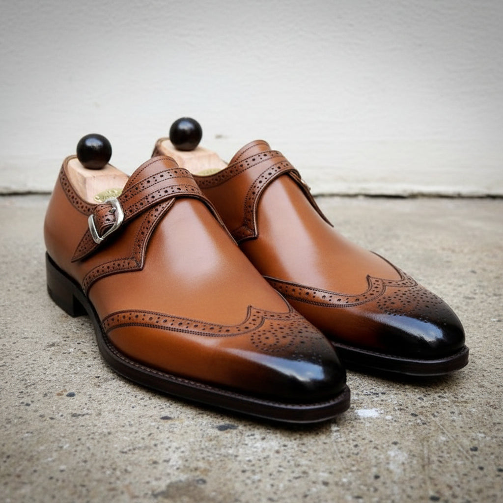 Handmade Mens wingtip brogue monk shoes, Men brown dress shoes, Mens shoes - angle-view-showing-depth