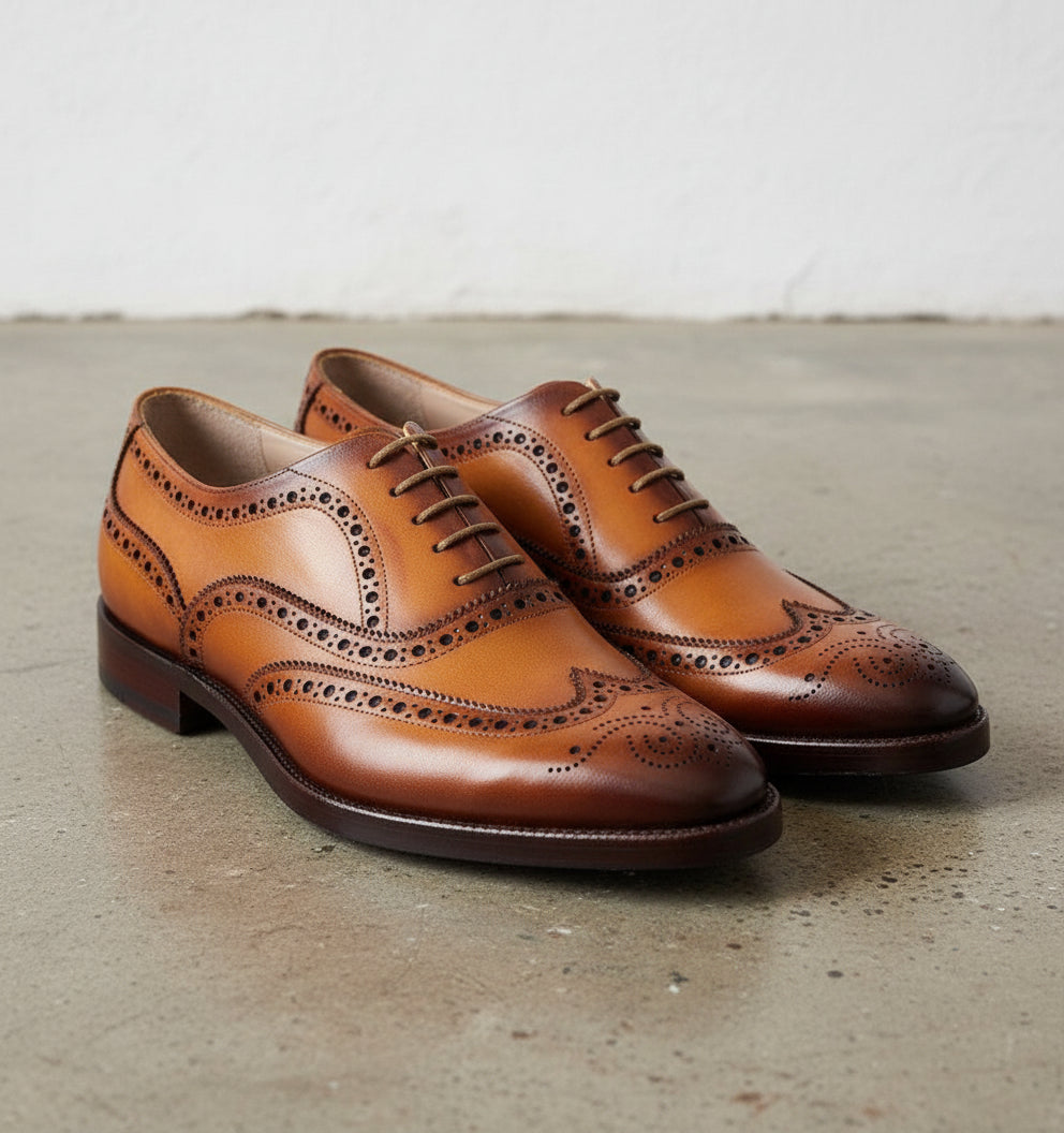 Handmade Mens wingtips brogue dress shoes, Men tan formal shoes, Men shoes - angle-view-showing-depth