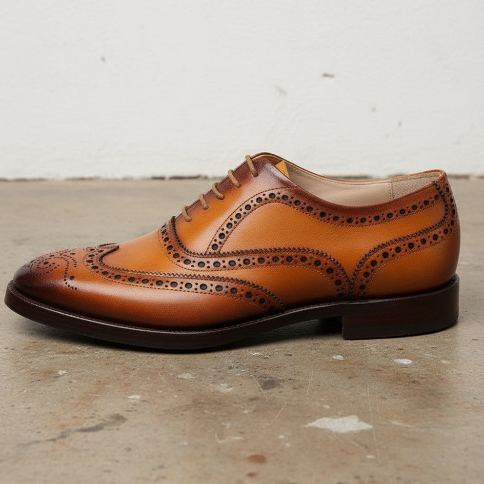 Handmade Mens wingtips brogue dress shoes, Men tan formal shoes, Men shoes - detail-view-showing-texture