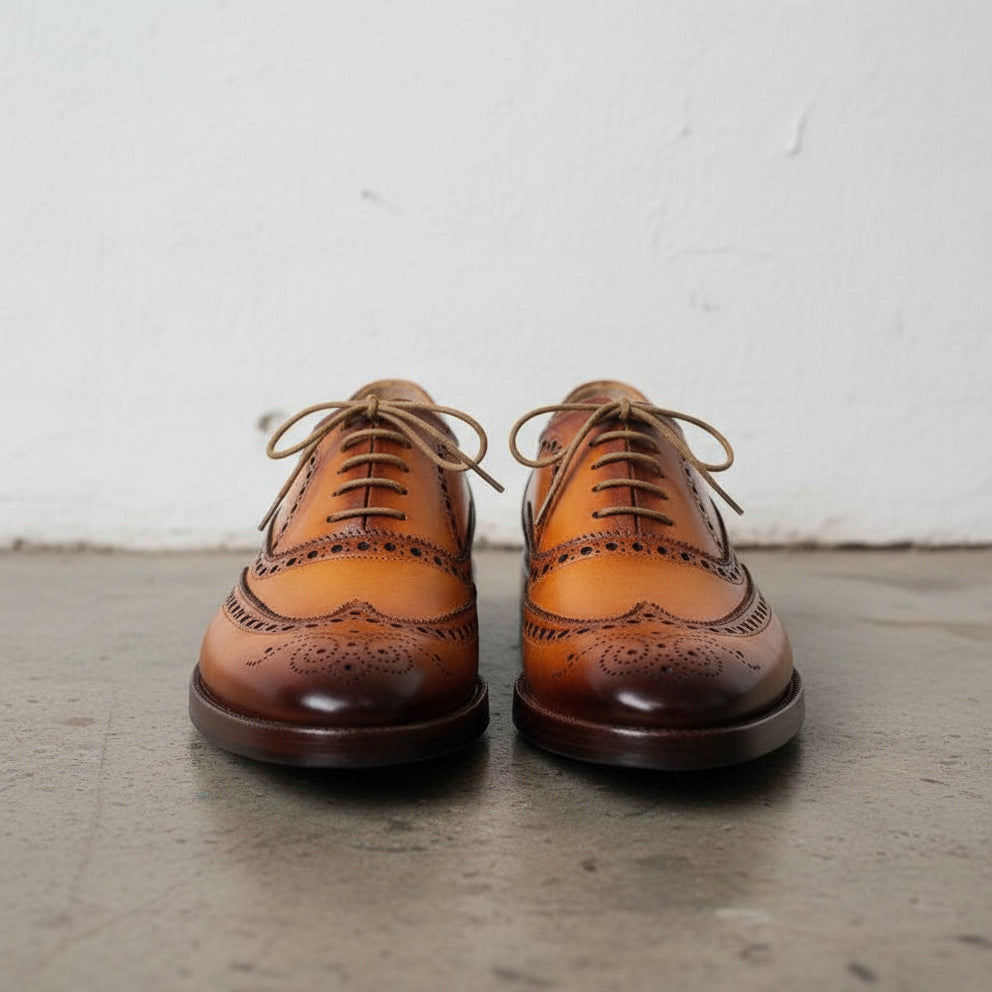 Handmade Mens wingtips brogue dress shoes, Men tan formal shoes, Men shoes - front-view