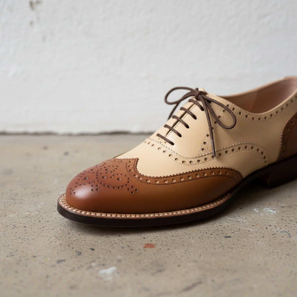 Handmade Mens wingtips brogue dress shoes, Men Two tone dress shoes - detail-view-showing-texture