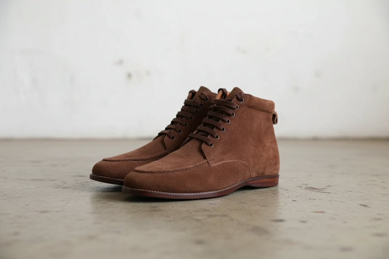 Handmade Moc-Toe Anke Lace Up Full-Grain Leather Men's Suede Boots - angle-view-showing-depth