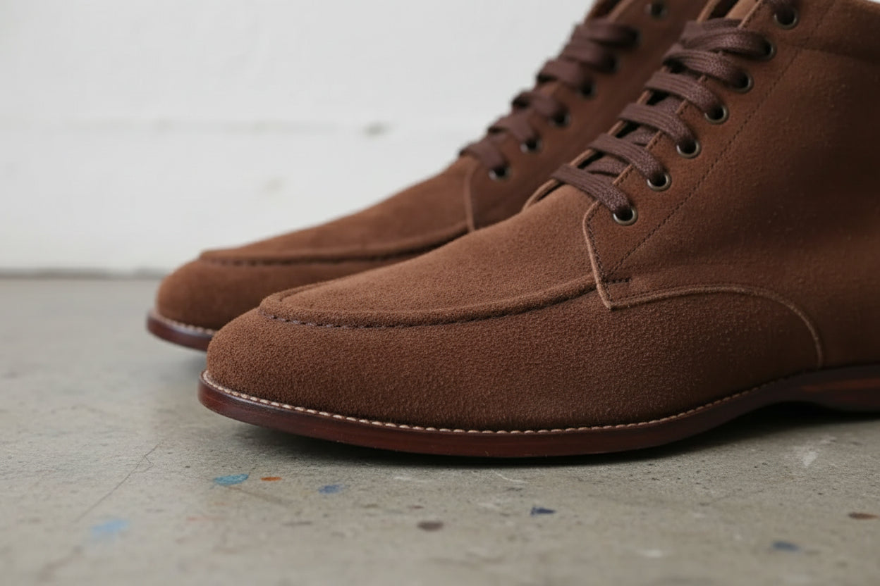 Handmade Moc-Toe Anke Lace Up Full-Grain Leather Men's Suede Boots - detail-view-showing-texture