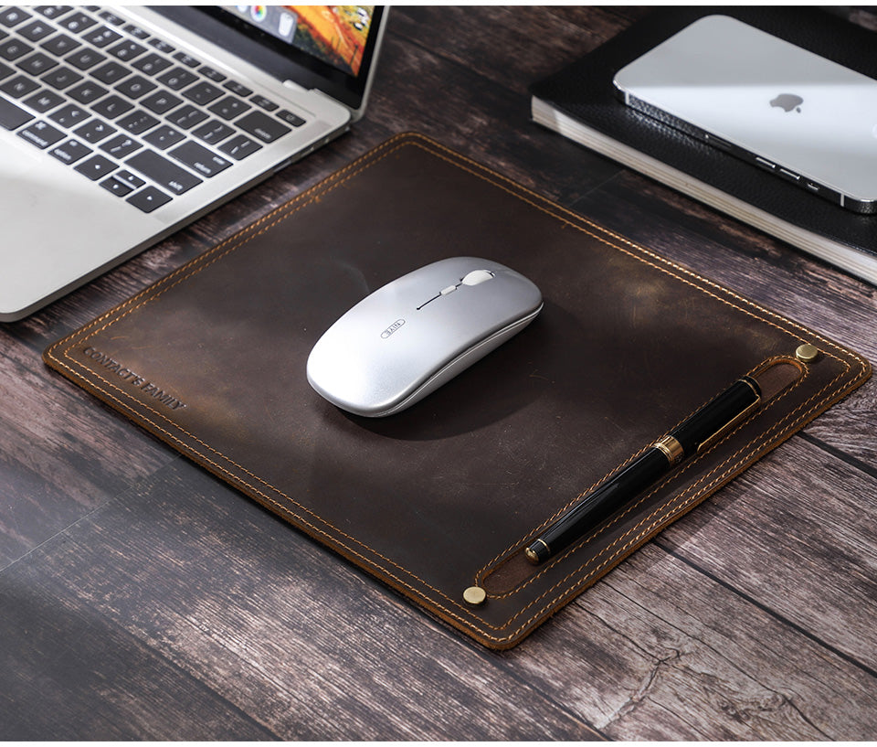 Handmade Modern Square Pen Slot Crazy Horse Leather Mouse Pad