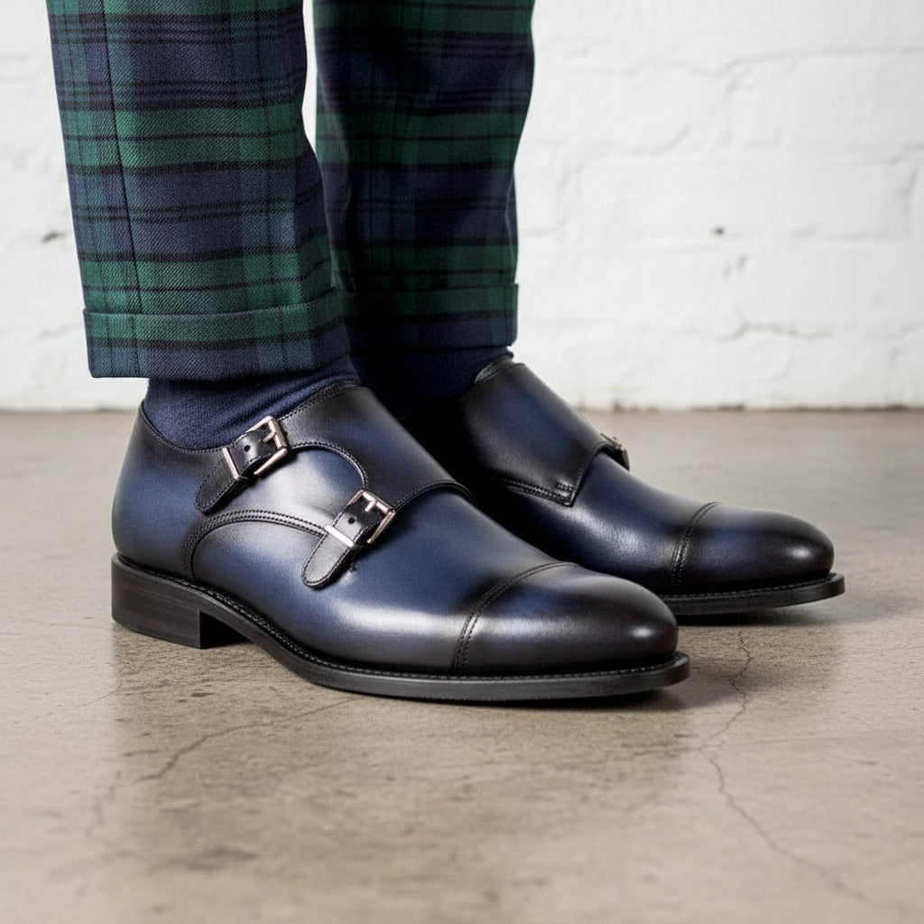 Handmade Navy blue double buckle dress shoes, Men blue monk formal shoes - 3-4-right-view