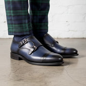 Handmade Navy blue double buckle dress shoes, Men blue monk formal shoes - 3-4-right-view