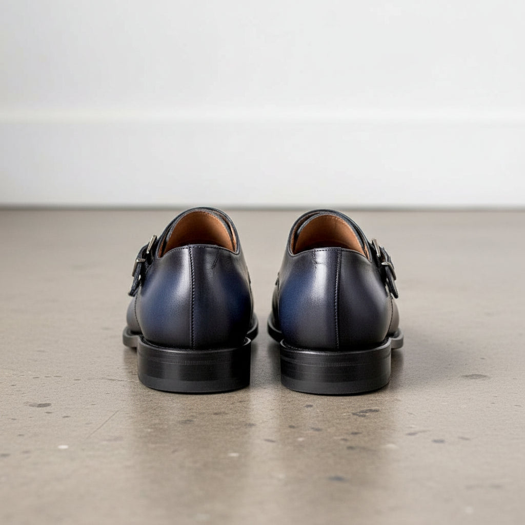 Handmade Navy blue double buckle dress shoes, Men blue monk formal shoes - back-view