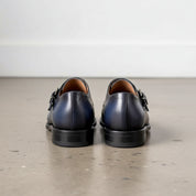 Handmade Navy blue double buckle dress shoes, Men blue monk formal shoes - back-view