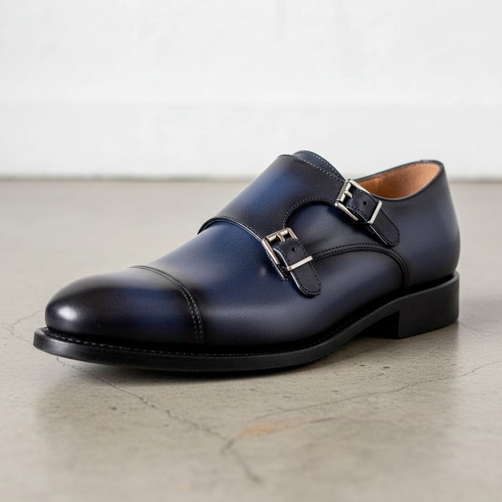 Handmade Navy blue double buckle dress shoes, Men blue monk formal shoes - detail-view-showing-texture