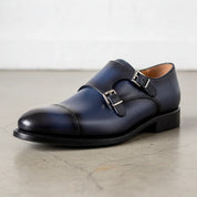 Handmade Navy blue double buckle dress shoes, Men blue monk formal shoes - detail-view-showing-texture