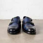 Handmade Navy blue double buckle dress shoes, Men blue monk formal shoes - front-view