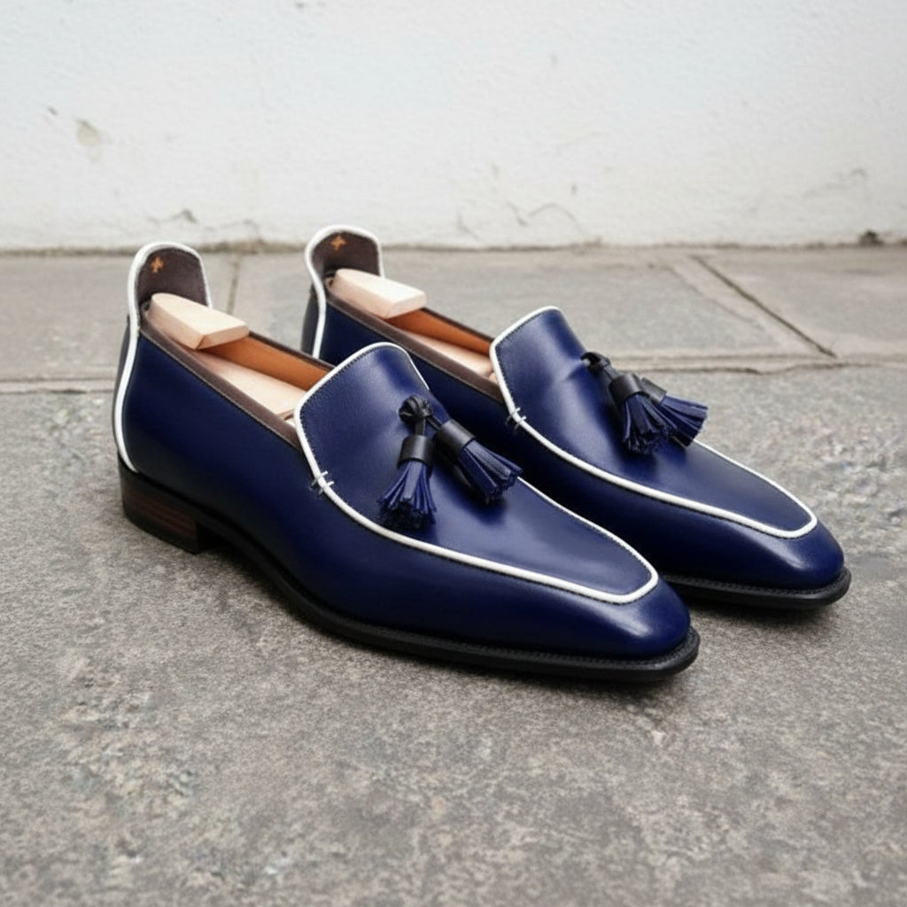 Handmade Navy blue Square toe Leather Moccasins, blue leather dress shoes - angle-view-showing-depth