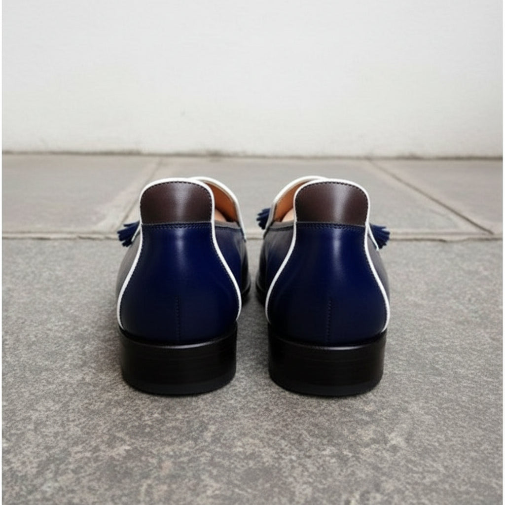 Handmade Navy blue Square toe Leather Moccasins, blue leather dress shoes - back-view