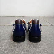 Handmade Navy blue Square toe Leather Moccasins, blue leather dress shoes - back-view