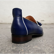 Handmade Navy blue Square toe Leather Moccasins, blue leather dress shoes - detail-view-showing-texture
