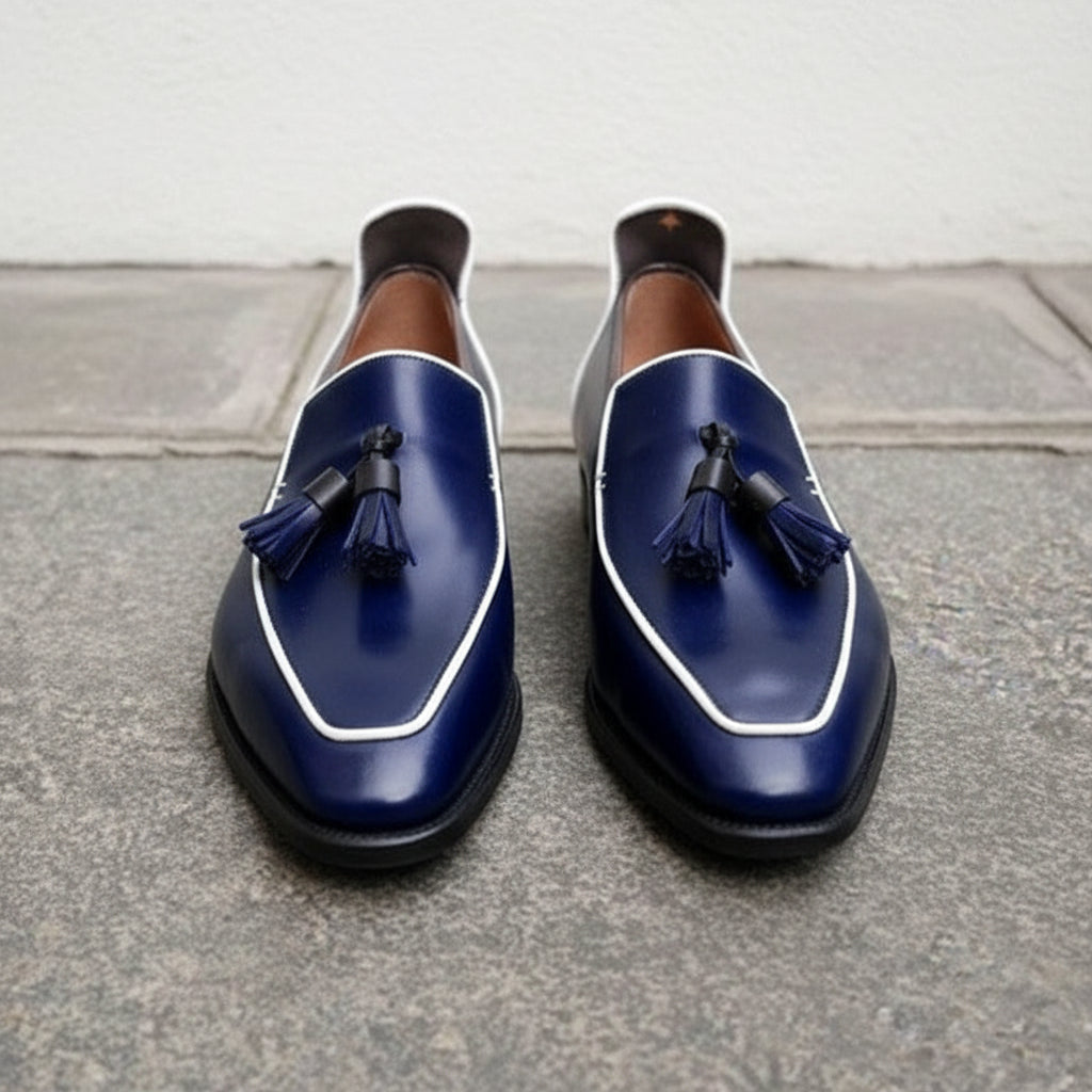 Handmade Navy blue Square toe Leather Moccasins, blue leather dress shoes - front-view