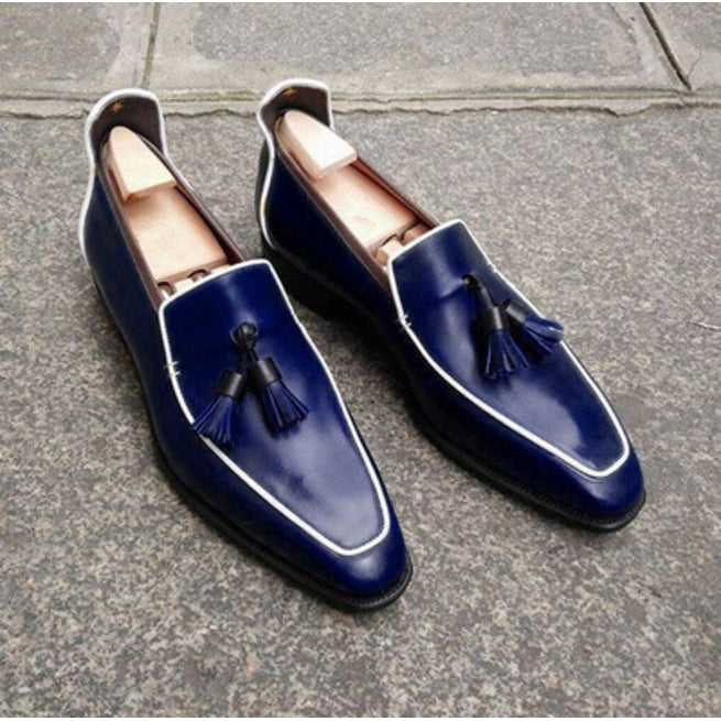 Handmade Navy blue Square toe Leather Moccasins, blue leather dress shoes