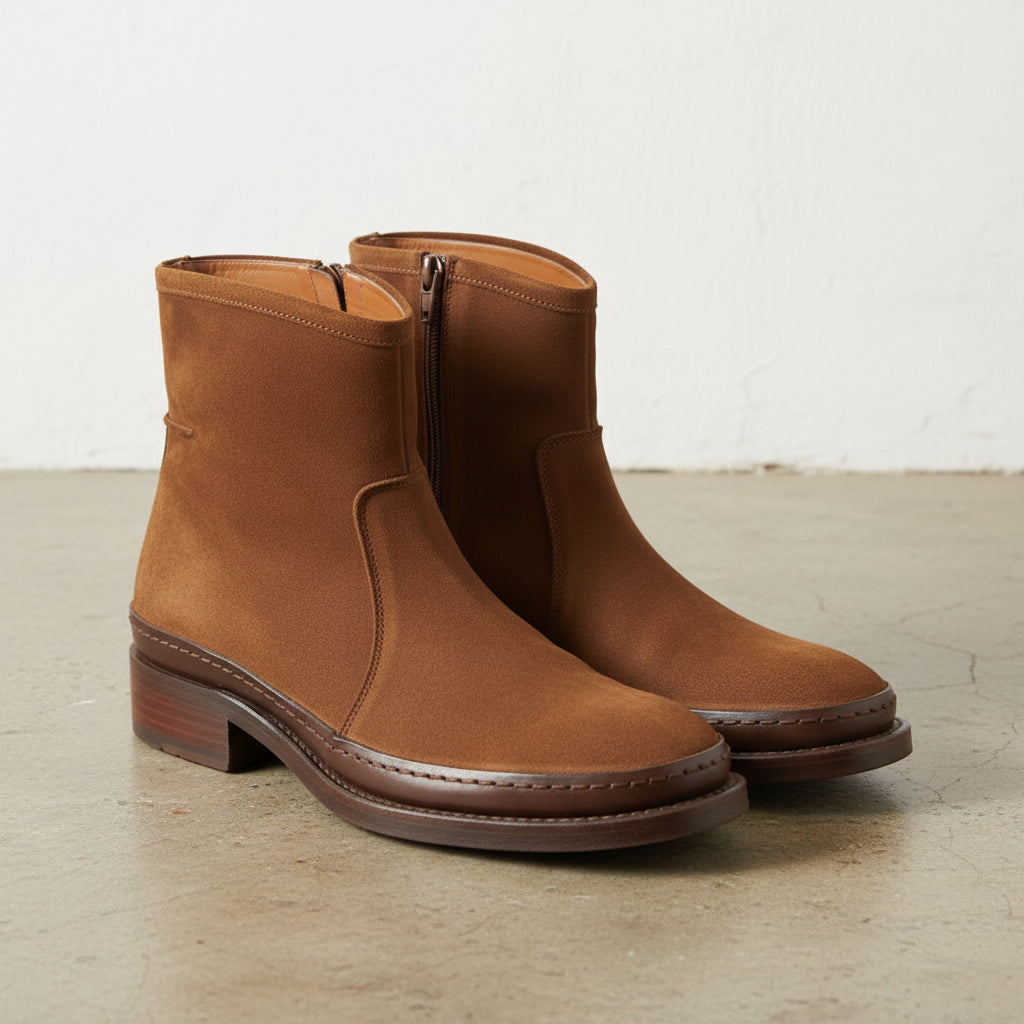 Handmade Plain-Toe Ankle Zipper Suede Men’s Casual Boots - 3-4-right-view