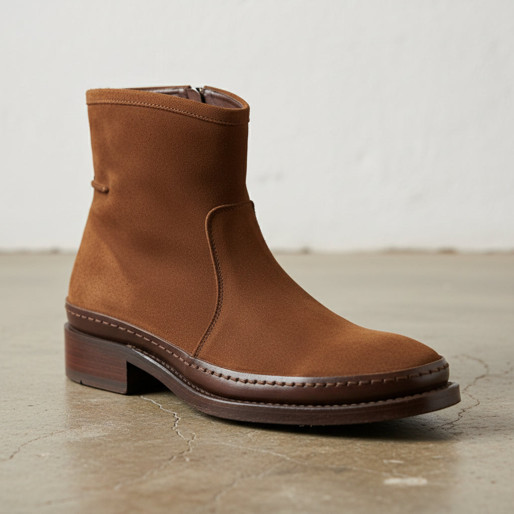 Handmade Plain-Toe Ankle Zipper Suede Men’s Casual Boots - detail-view-showing-texture