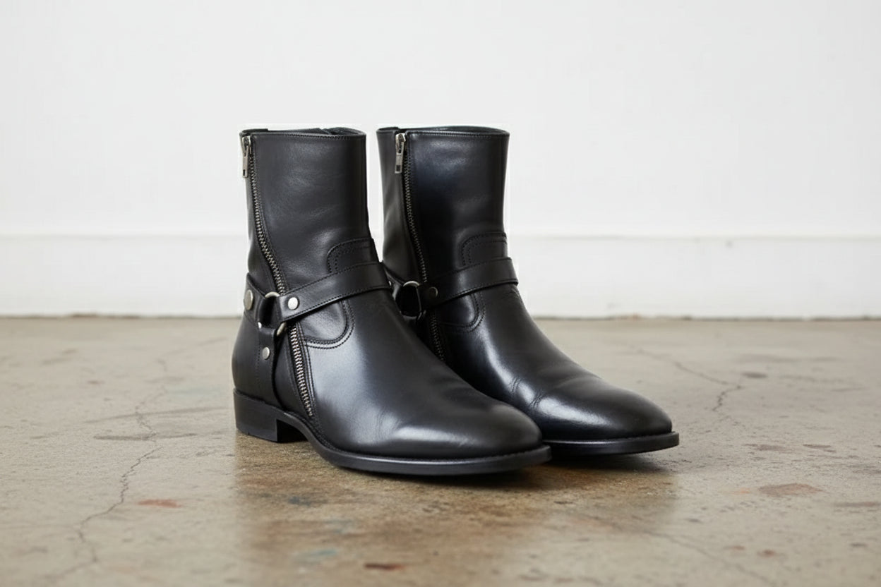Handmade Plain-Toe Chelsea Zipper Full-Grain Leather Men’s Ankle Boots - angle-view-showing-depth