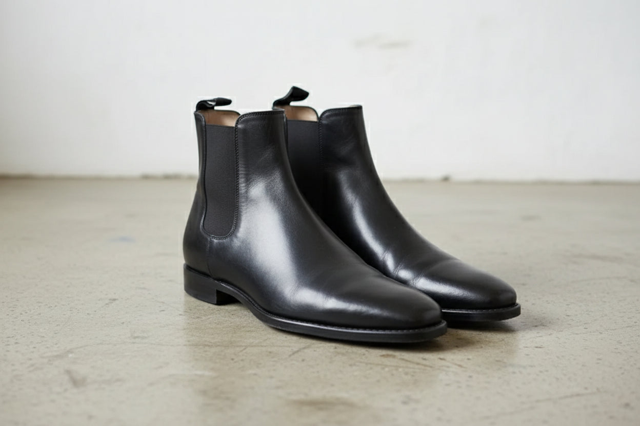 Handmade Plaintoe Chelsea Elastic Gore Full-Grain Leather Men’s Ankle Boots - angle-view-showing-depth