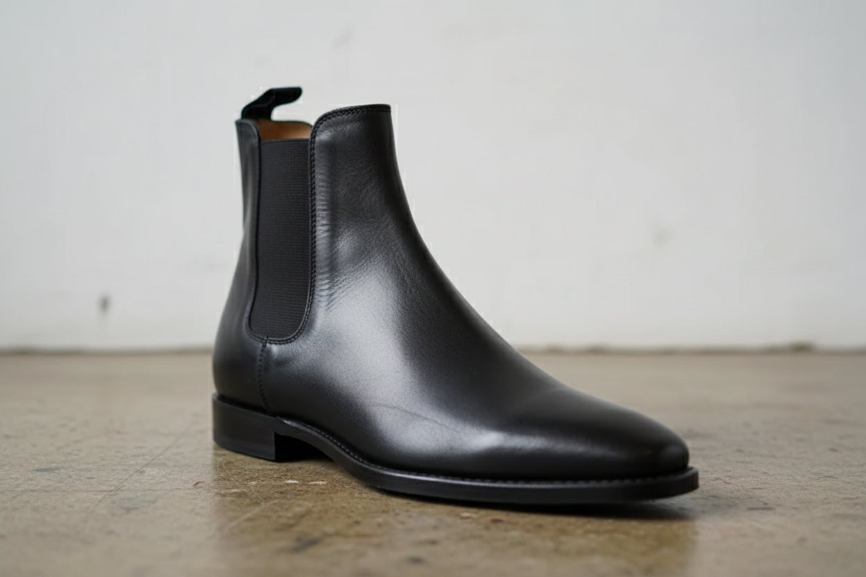 Handmade Plaintoe Chelsea Elastic Gore Full-Grain Leather Men’s Ankle Boots - detail-view-showing-texture